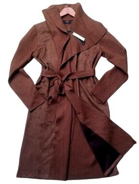 T Tahari Longline Open-front Wrap Cardigan Duster Belted Neutral Brown Large NWT